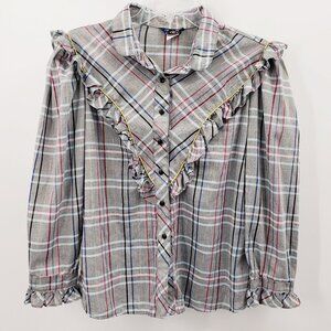 Vintage Circle T Marilyn Lenox Button Up Shirt Women's L - XL Plaid Ruffle Yoke